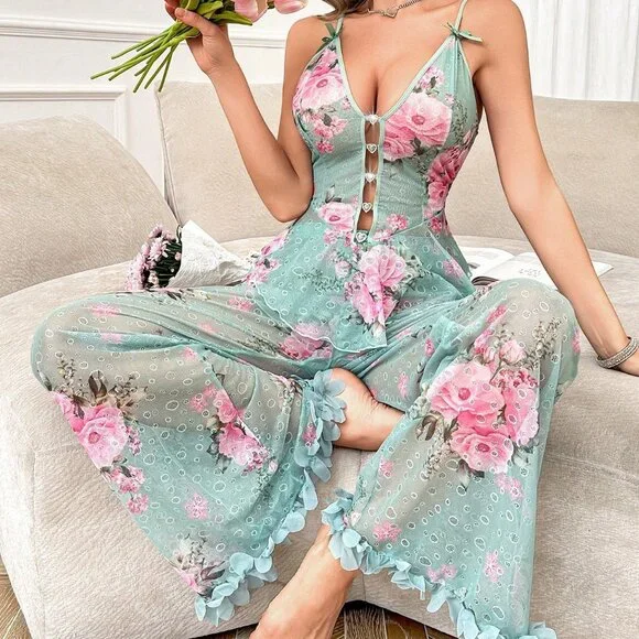 Green Romantic Women's Jacquard Camisole with Long Pants Pajama Set - Picture 1 of 7